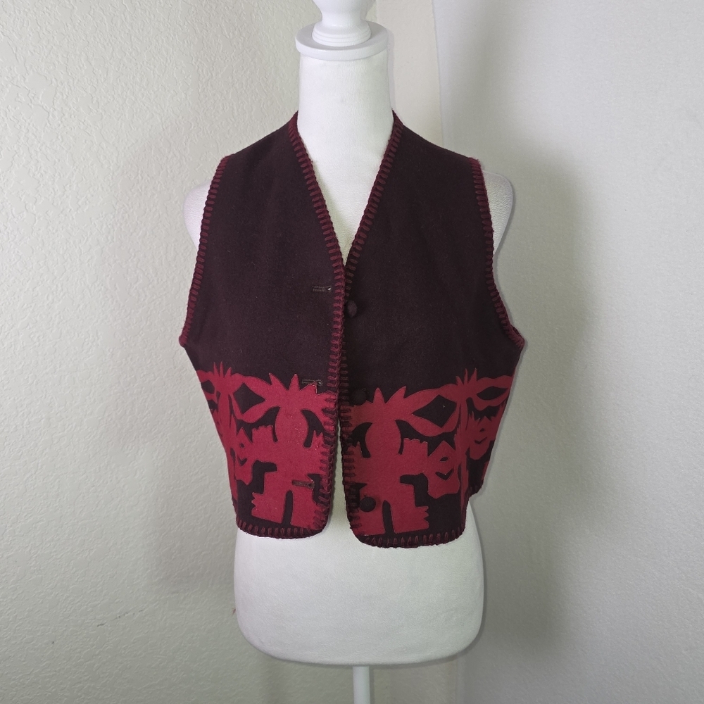 Vintage Romeo Gigli Wool Vest Burgundy Red Abstract Appliqué Made in Italy